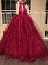 Ball Gown Floor Length Halter Burgundy Tulle Prom Dress LBQ0522